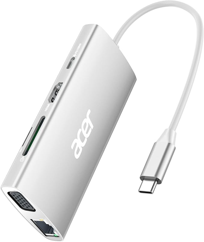 Acer USB C Hub with 4K HDMI, 9-in-1 USB C to Ethernet Adapter, 5Gbps USBA 3.0 Docking Station, VGA Splitter, SD Card Reader, PD 100W Charging for MacBook, Acer, Laptops, Surface and More (Silver)