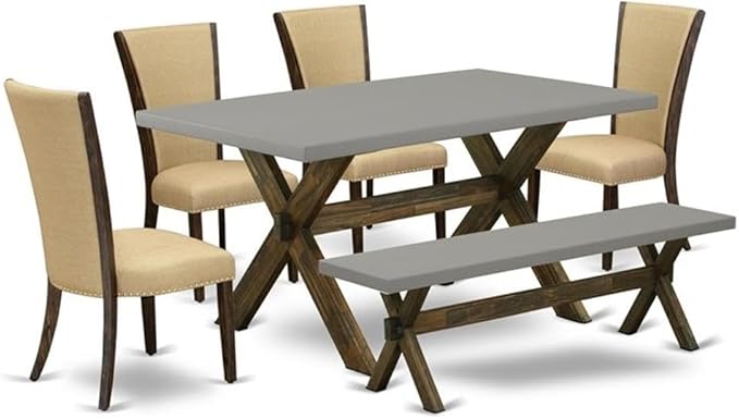 East West Furniture X797VE703-6 6 Piece Dining Set Contains a Rectangle Dining Room Table with X-Legs and 4 Brown Linen Fabric Parson Chairs with a Bench, 40x72 Inch, Multi-Color