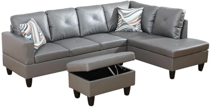Dark Grey L-Shaped 3-Piece Faux Leather Sofa with Storage Ottoman Set, Sectional Couch Sofa Set for Living Room, Office, Small Space
