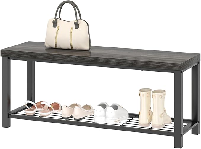 FOLUBAN Industrial Shoe Storage Bench for Entryway Hallway, Rustic Indoor Shoe Rack Bench Seat for Living Room Bedroom, 43.3 Inch Dark Gray