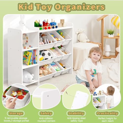 MallBest 4-Tier Kids' Toy Storage Organizer Shelf - 100% Solid Wood,Children's Storage Cabinet with 9 Plastic Bins and 3 Storage Ports(White-Single Color)