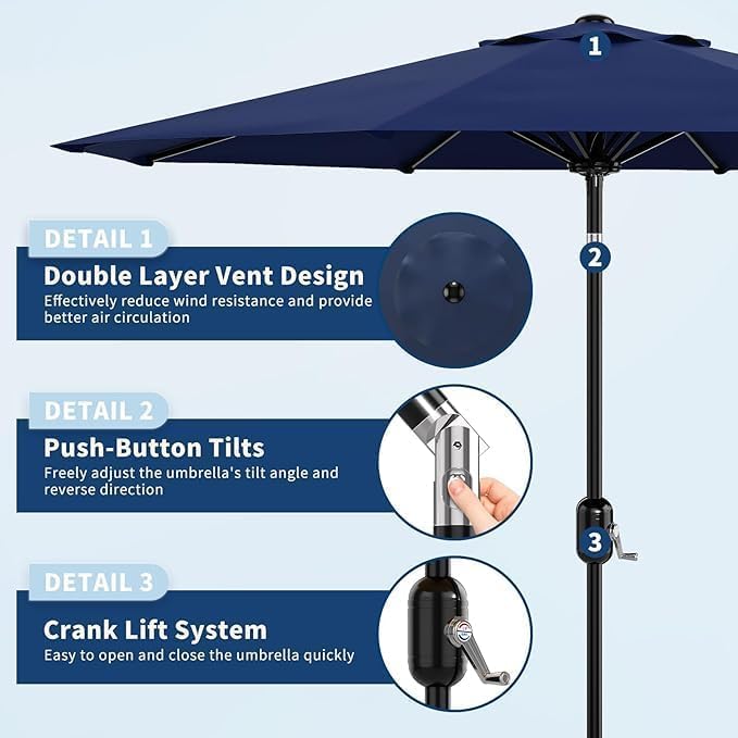 Garvee 10FT Patio Umbrella - Outdoor Table Umbrella with Crank Lift & Push Button Tilt - Market Umbrella 8 Sturdy Ribs UV Protection for Pool, Deck, Yard, Garden - Navy Blue