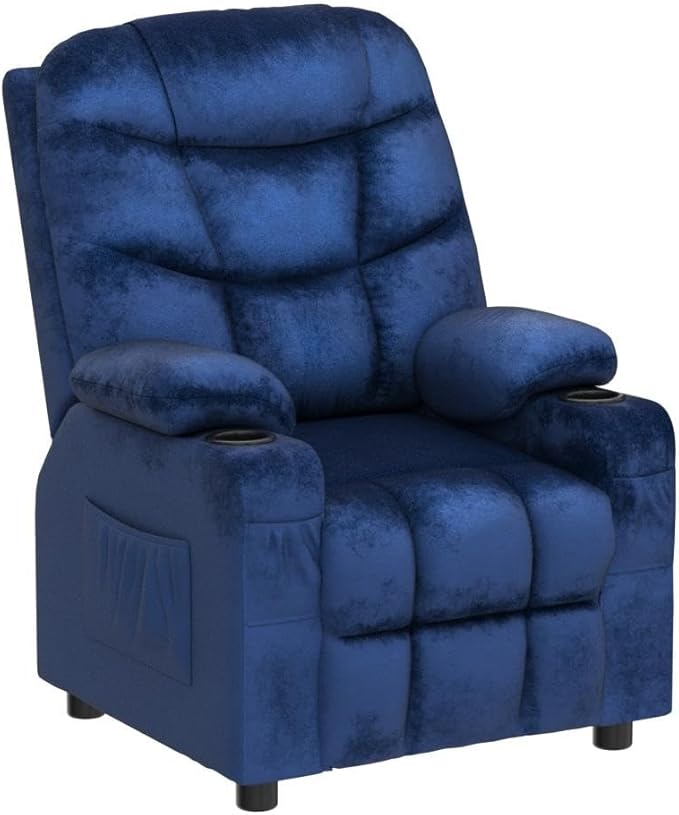 Costzon Kids Recliner Chair with Cup Holder, Adjustable Velvet Lounge Chair w/Footrest & Side Pockets for Children Boys Girls Room, Ergonomic Toddler Furniture Sofa Gifts, Kids Recliner (Blue)