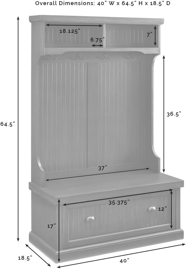 Crosley Furniture Seaside Hall Tree with Shoe Rack Bench and Coat Hooks for Hanging Storage, Distressed White