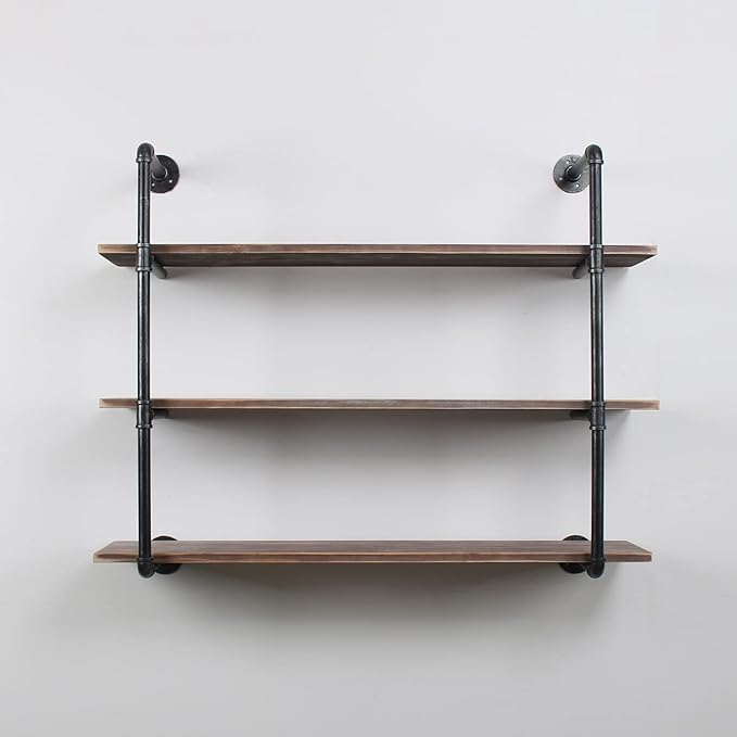 MBQQ Industrial Pipe Shelving Wall Mounted,48in Rustic Metal Floating Shelves,Steampunk Real Wood Book Shelves,Wall Shelf Unit Bookshelf Hanging Wall Shelves,Farmhouse Kitchen Bar Shelving(3 Tier)