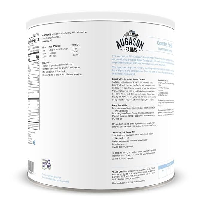 Augason Farms Country Fresh Instant Nonfat Dry Milk Can, Emergency Food Supply, Everyday Meals, 39 Servings