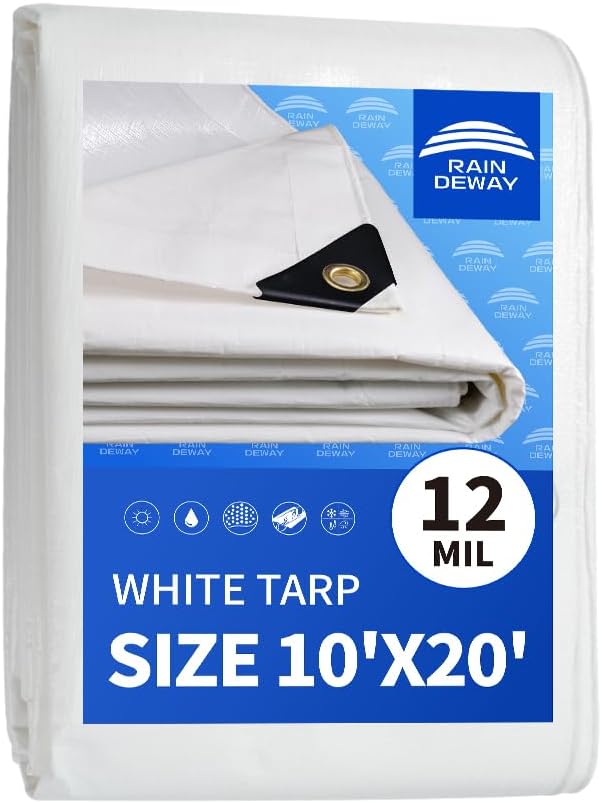 RAINDEWAY 12 Mil Heavy Duty White Tarp 10x20 Feet, UV Resistant, Waterproof, Weatherproof Poly Tarp with Metal Grommets and Reinforced Edges