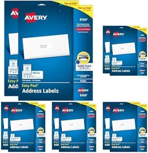 Avery Easy Peel Printable Address Labels with Sure Feed, 1" x 2-5/8" Customizable Stickers, White, 1,500 Blank Mailing Labels, Great for Mailing, Shipping, and More (08160) (Pack of 10)