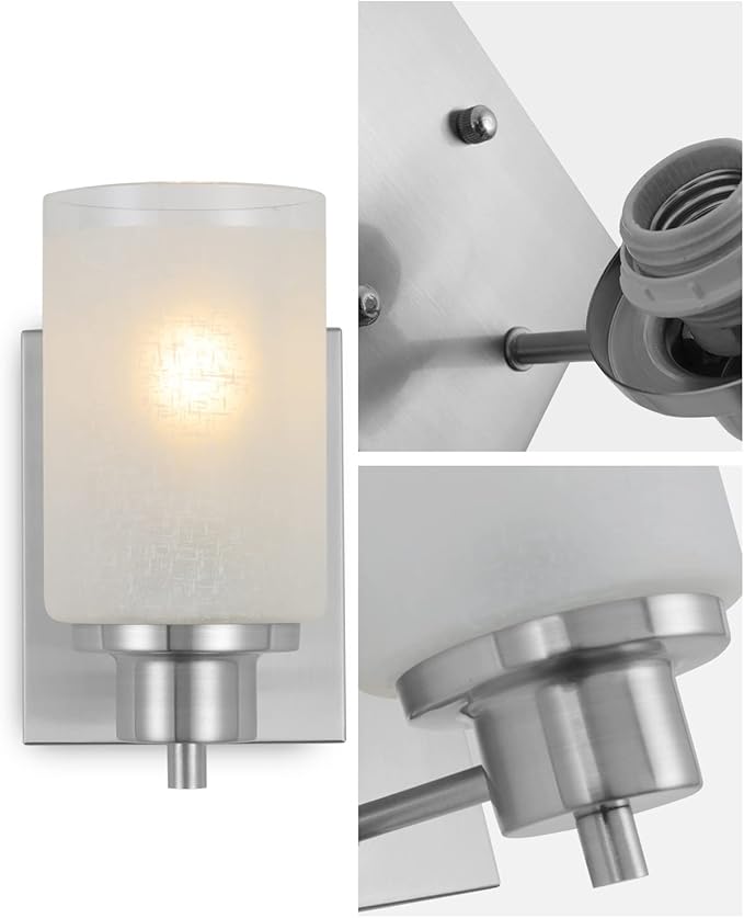 3 Pack Bath Vanity Light Fixture, Modern Indoor Wall Scone Lighting White Linen Frosted Glass Shades with Brush Nickle Finish Wall Lamps for Bathroom Kitchen Entryway Bedside