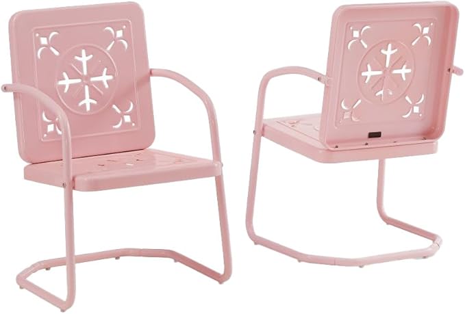 Crosley Furniture Azalea 2-Piece Outdoor Chair Set, Vintage Retro Metal Patio Chairs for Dining, Porch, Deck, Pastel Pink Gloss