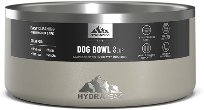 Hydrapeak Dog Bowl; Non Slip Stainless Steel; Water and Food Dish; Large Sized and Small Dogs; 32oz 64oz; Multiple Sizes | 8 Cup | Stone