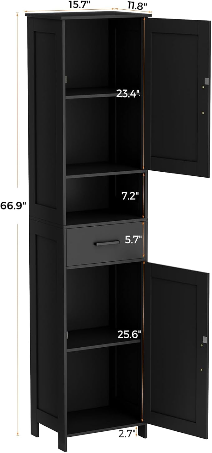 Homhedy 67" H Tall Bathroom Storage Cabinet with 2 Barn Doors and 1 Drawer, Narrow Storage Unit, Adjustable Shelves, Floor Cabinet for Bathroom, Living Room, Entryway, Kitchen, Black, (15.7" W)
