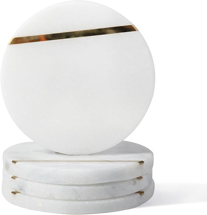 Koville Marble Coaster Set of 4, Round Coasters, 4" Stone Coaster for Drinks Coffee, White Marble with Gold Brass Coasters for Coffee Table Home Bar Decor, Heat Resistant, Gift Choice
