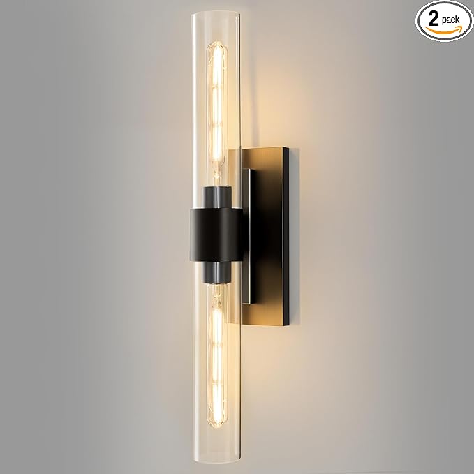 Black Brass Bathroom Wall Sconce - Modern Linear Light Sconces - Dimmable Lighting Fixtures - Vertical or Horizontal Mounted Clear Glass Tube Vanity Lights for Indoor Living Room Hallway
