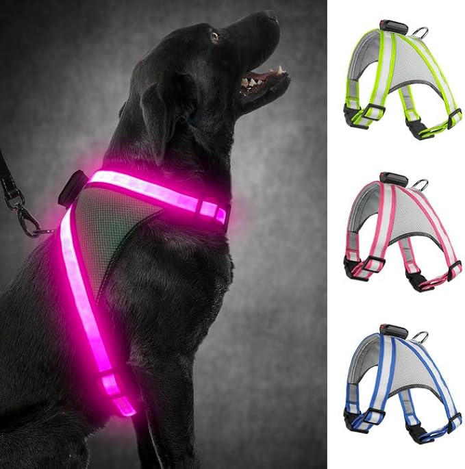 Visinite LED Dog Harness, USB Rechargeable Light Up Dog Vest, 2 Illuminate Modes Glow in The Dark Dog Harness, Adjustable Lighted Pet Harness Light for Night Walking Safety (Pink, S)