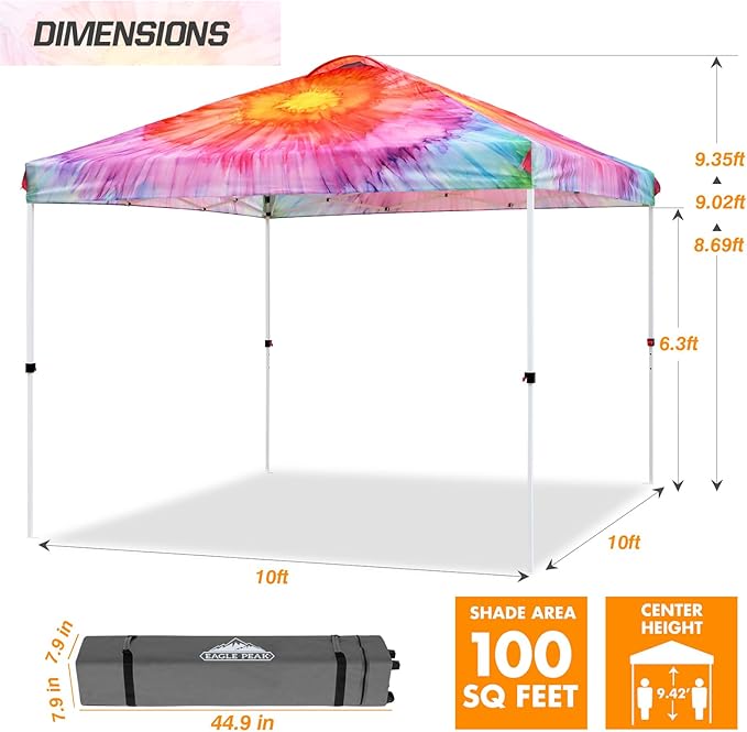 EAGLE PEAK Pop Up Canopy Tent with Wheeled Carry Bag, 8 Stakes, 4 Ropes, 4 Weight Bags, Easy Set Up Tent Canopy, 10x10 ft, 100sqft of Shade, Floral Tie Dye
