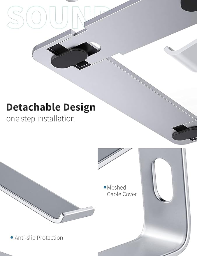 SOUNDANCE Laptop Stand, Aluminum Computer Riser, Ergonomic Laptops Elevator for Desk, Metal Holder Compatible with 10 to 15.6 Inches Notebook Computer, Silver