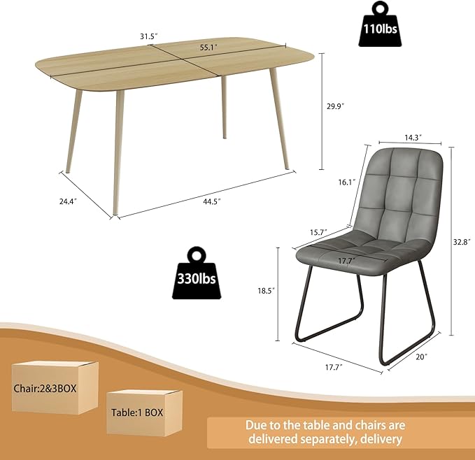 55.1'' Dining Table Set for 4,Modern Wood Dining Table,Leather Dining Chairs 4,Table and Chairs Set of 4,Ideal for Kitchen Dining Room (Cat Scratch Table + 4 U-Shaped Gray Chairs, 55.1")