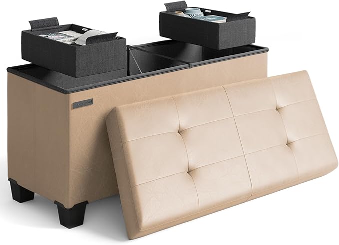 STORAGEBUD Storage Ottoman Bench with Bins, 30-in Storage Bench for Bedroom End of Bed, Folding Foot Rest Ottoman for Living Room Max 660lbs, Faux Leather Ottomans, Taupe