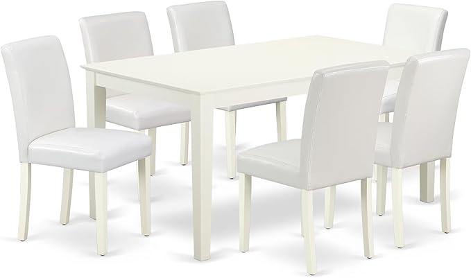 East West Furniture CAAB7-LWH-64 7 Piece Kitchen Table & Chairs Set Consist of a Rectangle Dining Room Table and 6 White Faux Leather Parsons Dining Chairs, 36x60 Inch, Linen White