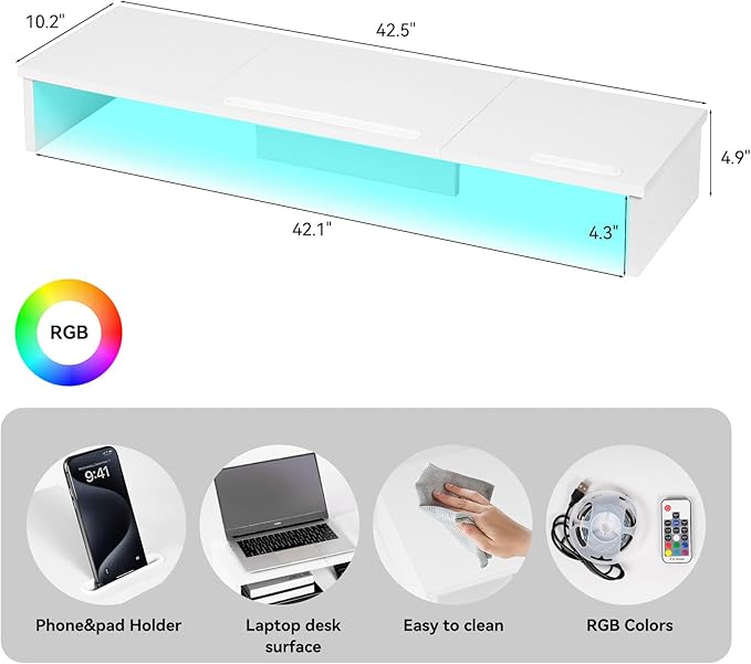 TV Riser Stand with LED Lights, 42.5in Super Large Monitor Stand with Phone Tablet Holder, Tabletop TV Stand Riser for Desk, Desktop Organizer for Computer, TV, Laptop, Printer