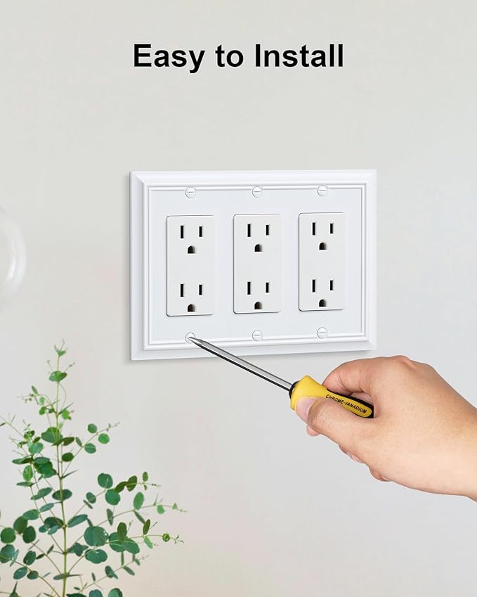 2-Pack Decorative Tripple Decorator Outlet Cover Plate, Durable Natural Bamboo Fiber Pure White Wall Plates for Electrical Outlets, Receptacle, GFCI Outlet, Dimmer Switch, 3-Gang, Corrosion Resistant