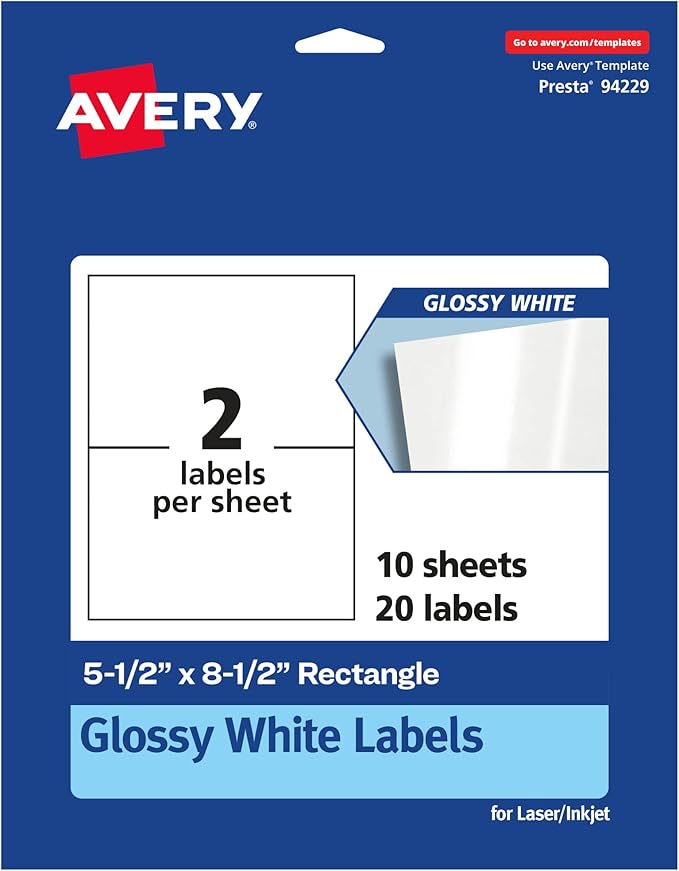 Avery Glossy White Rectangle Labels, 5.5" x 8.5", 20 Glossy White Labels, Permanent Adhesive, Laser/Inkjet Printable