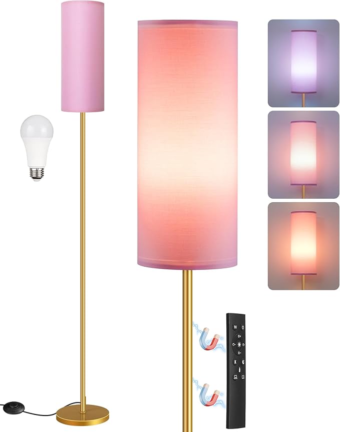 Dimmable Pink Floor Lamp for Living Room with Remote and Foot Switch, Corner Floor Lamp, 64.4'' Standing Tall Lamp, 10W 900LM Bulb Included, 3000K-6500K, Linen Shade, Gold Pink, FCC Listed DP06LD05W1