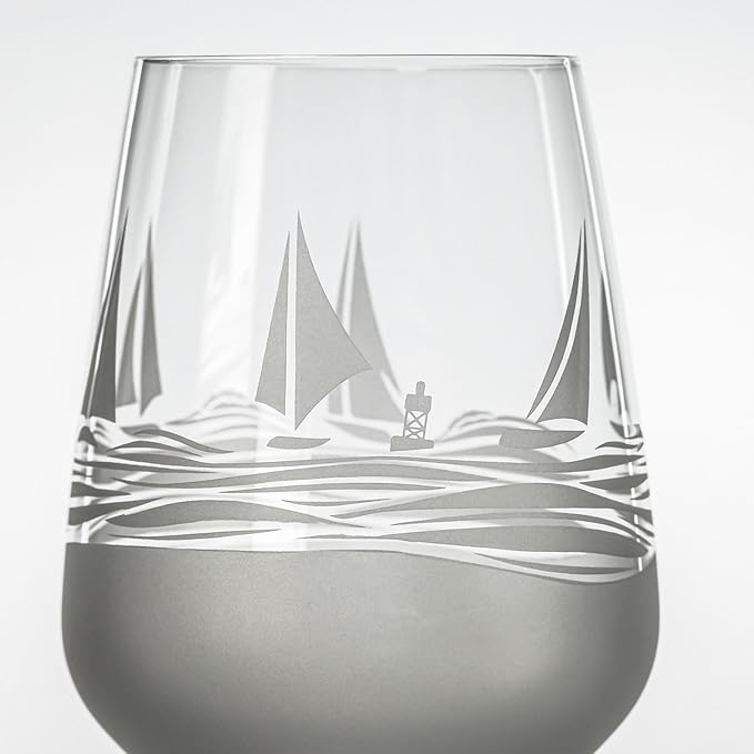 Rolf Glass | Regatta All Purpose Stemmed Wine Glass 19.5 Ounce | Set of 2 | Lead-free Glassware | Elegant Engraved Wine Glass Set | Nautical Sailboat Design