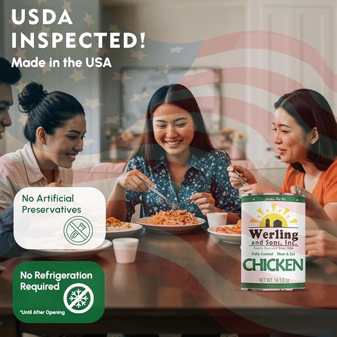Werling & Sons Canned Chicken 14.5 Oz??Fully Cooked, Ready to Eat | Premium Quality, Recipe-Ready Canned Meat | 5-Year Shelf Life | Pantry Staple for Camping, Survival & Emergency Use | Made in USA | Pack of 12