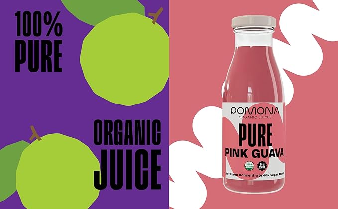 Pomona Organic Juices Pure Pink Guava Juice, 8.4 Ounce Bottle (Pack of 12), Cold Pressed Organic Juice, Non-GMO, No Sugar Added, Not from Concentrate, Gluten Free, Kosher Certified, Preservative Free