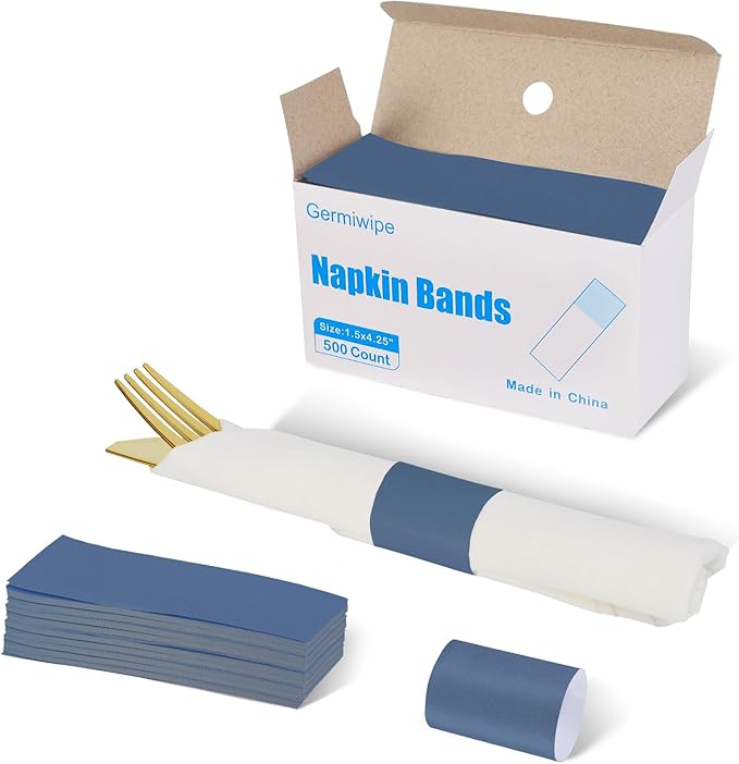 Germiwipe Paper Napkin Band Box of 500,Napkin Rings Self Adhesive,Silverware Wraps Bands (Navy Blue-500 pcs)
