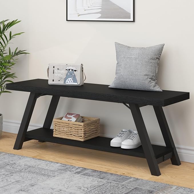 LVB Black Bench, Modern Storage Bench for Bedroom, Wood Metal Entryway Bench for Hallway Dining Living Room, Famrhouse Shoe Rack Indoor Accent Seating Benchs for Foyer Entrance, Black Oak 47 Inch Long