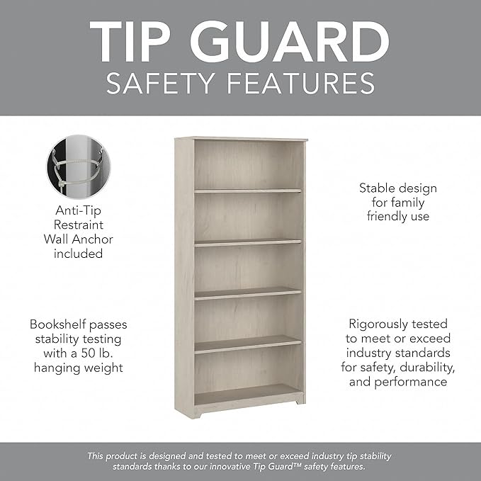 Bush Furniture Cabot Tall 5 Shelf Bookcase | Large Open Bookshelf in Linen White Oak | Sturdy Display Cabinet for Library, Living Room, and Home Office