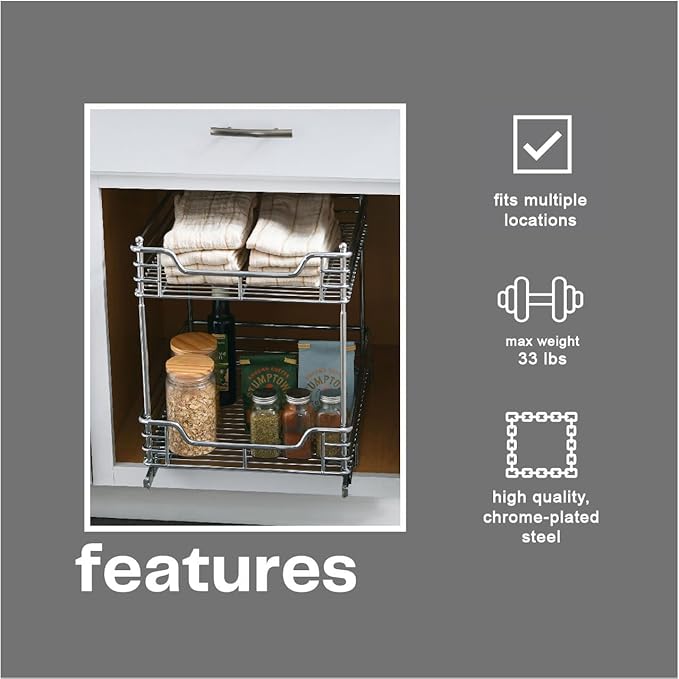 Household Essentials Glidez Multipurpose Chrome-Plated Steel Pull-Out/Slide-Out Storage Organizer for Under Cabinet Use - 2-Tier Design - Fits Standard Size Cabinet or Shelf, Chrome