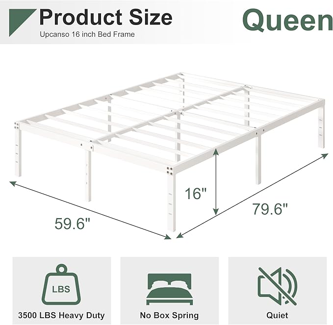 16 Inch White Queen Bed Frame No Box Spring Required, Metal Platform Queen Size Bed Frames with High Storage, Eassy Assembly 3,500 lbs Heavy Duty Bedframes