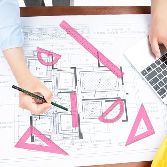 Plastic Clear Ruler Math Set, 6" | 12" Straight Ruler Protractor, 2 Protractors 180 Degree 2 Triangle Rulers 45 | 60 Degree 2 Straight Rulers Measuring Tool for School Office Home Supplie,Pink