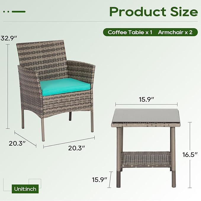 FDW | 3-Piece Patio Furniture Set | Gray & Blue | Outdoor Wicker Furniture with Coffee Table | Modern Rattan Chairs Conversation Set | Outdoor Seating | Weather-Resistant | for Porch, Garden, Lawn