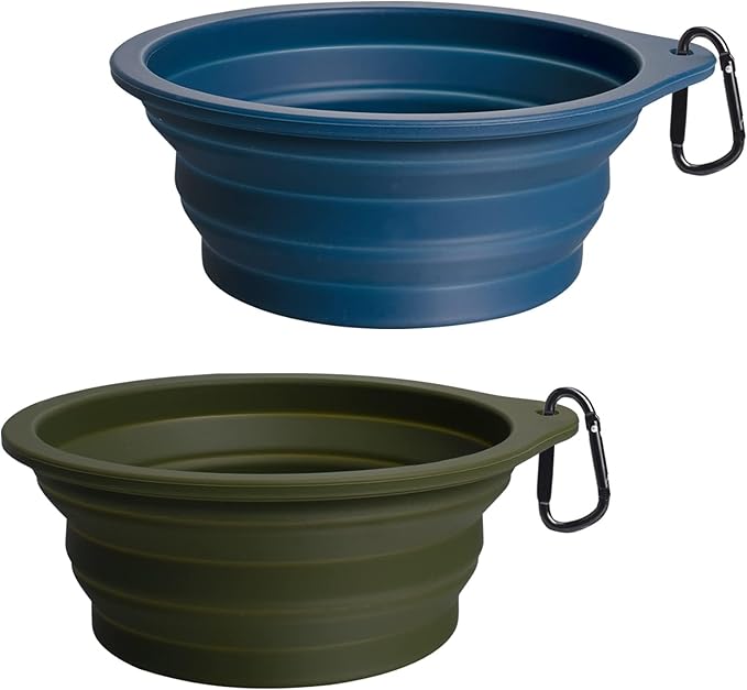 PetBonus 2-Pack Large Silicone Collapsible Dog Bowls, 34oz/1000ml BPA Free Portable Foldable Travel Bowl for Pet Cat, Food Water Feeding Dish for Camping with 2 Carabiners (Army Green, Navy Blue)