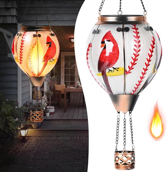 Hot Air Balloon Solar Lantern - Cardinal Bird Glass Lantern, Simulated Flickering & Dancing Flame, Outdoor Hanging Yard Light Waterproof IP65 for Patio Lawn Porch Decor Gift