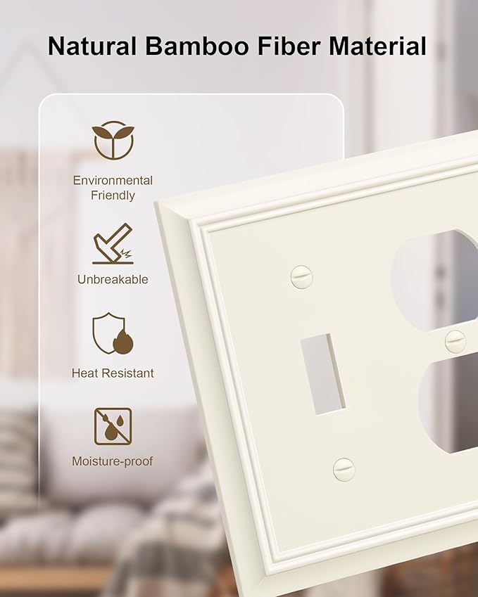 2-Pack Combo Toggle/Duplex Light Switch Cover Plate, Light Almond Outlet Cover Plate, Natural Bamboo Fiber Decorative Wall Receptacle Cover for Electrical Outlets, Light Switch