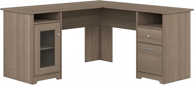 Bush Furniture Cabot L Shaped Computer Desk in Ash Gray | Corner Table with Drawers for Home Office