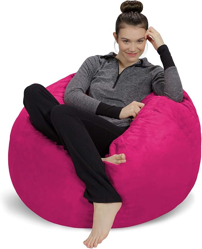 Sofa Sack Bean Bag Chair Cover Only, for Adults and Kids, Without Filling Comfy Fluffy Round or Oval Beanbag Chair Cover Replacement, Lazy Sofa Cover for Reading Chair or Floor Chair, 3 Foot, Magenta