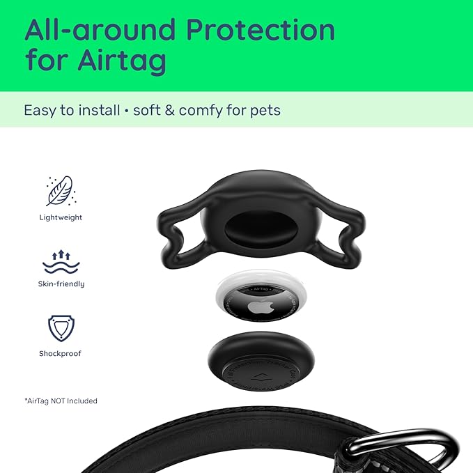 Airtag Dog Collar, Reflective Ultra-Durable Nylon Padded with QR Code Buckle & IP68 Waterproof Air Tag Holder Compatible for Apple AirTag, Comfortable for Small Medium Large Dogs(Black,L)