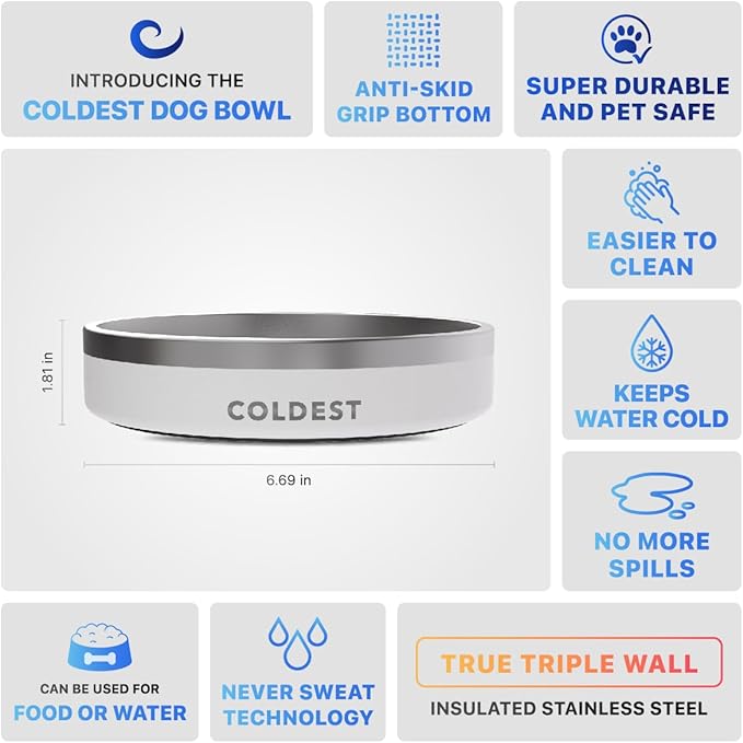 Coldest Dog Bowl - Anti Rust Metal, Non Slip, 3 Layers Insulated Stainless Steel Dog Bowls - Spill Proof & Heavy Duty - Water Bowl for Dogs, Cats & Pets, Dish Washer Safe (21 oz, Epic White)