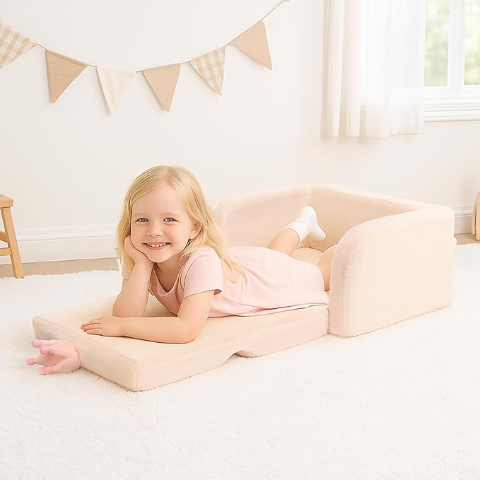 MONKISS Toddler Couch, 2-in-1 Kids Sofa Fold Out, Convertible Sofa to Lounger for Girls and Boys, Toddler Chairs Comfy 1-3 Years Old, SF04, Beige Crown