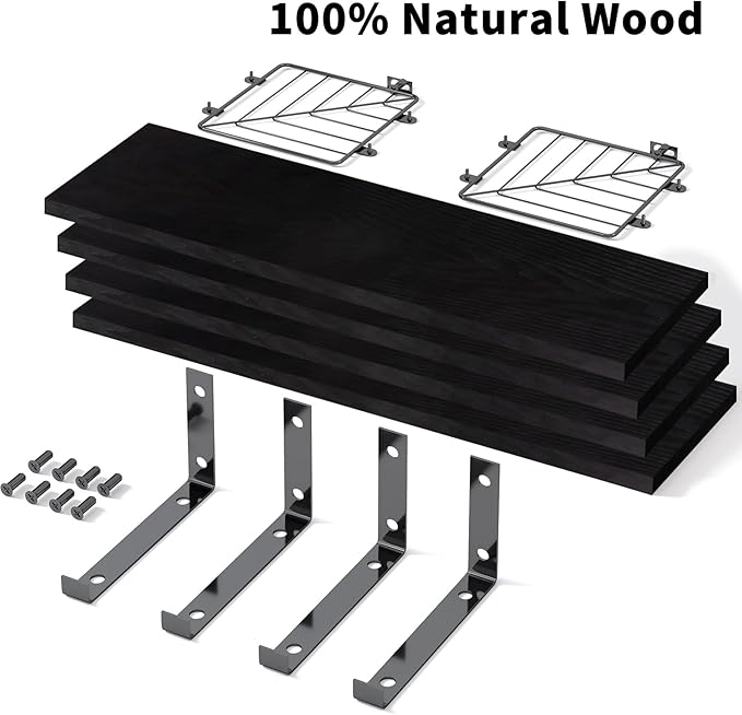 Fixwal 3+1 Tier Bathroom Floating Shelves Over Toilet, 15.8in Farmhouse Rustic Wood Shelves, Wall Decor for Bathroom, Living Room,Bedroom and Kitchen (Black)