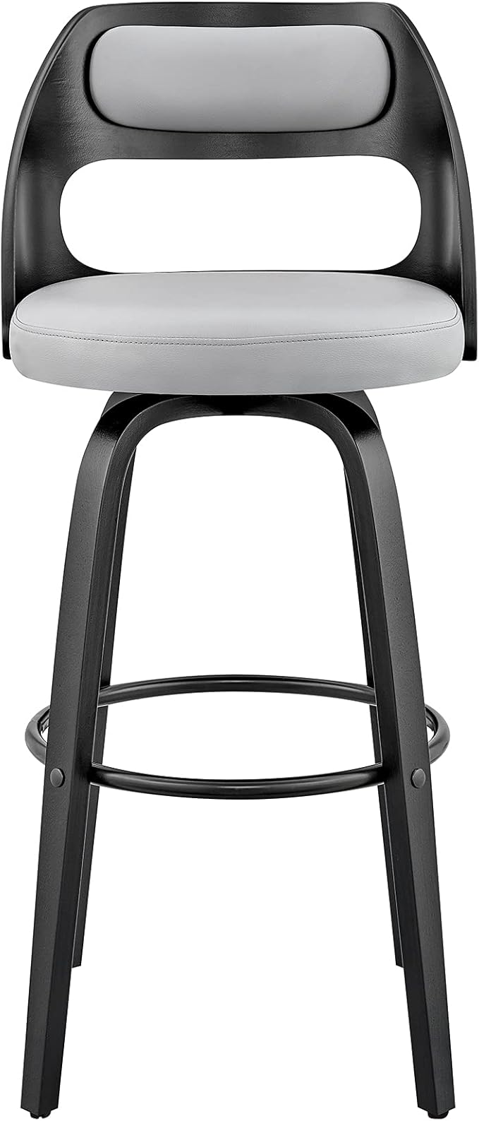 Armen Living Julius Mid Century Modern Swivel Bar Stool for Kitchen Island Counter in Gray Faux Leather and Black Wood, 26" Seat Height