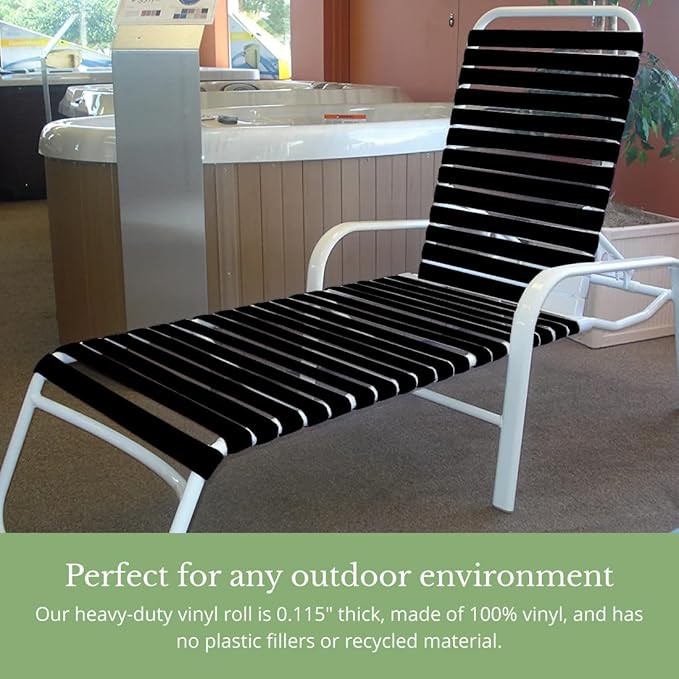 1.5" Wide x 20' Roll Vinyl Strap for Patio Chairs, Lawn Furniture, and Deck Chairs, Make Your Own Replacement Straps, Plus 20 Free Fasteners, (Black)