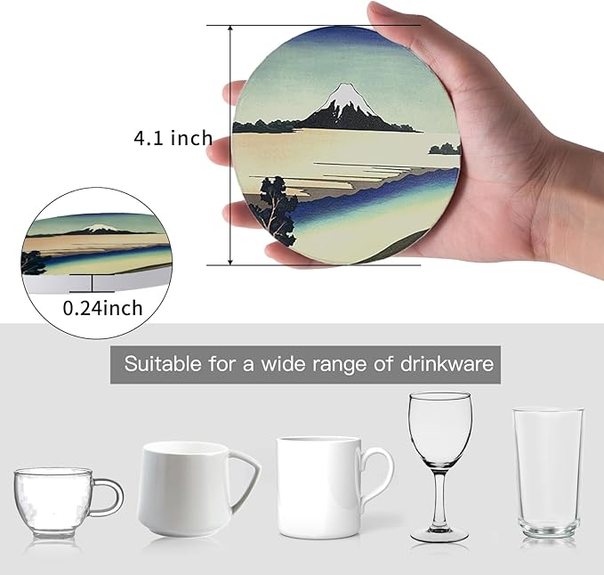 Coasters Absorbent Ceramic Coaster Drink Coasters with Cork Back Japanese Style Ukiyo-e Pattern Set of 6 Round Coaster Non Slip for Coffee Table Wine Glass Home Bar 4 Inch, Colorful